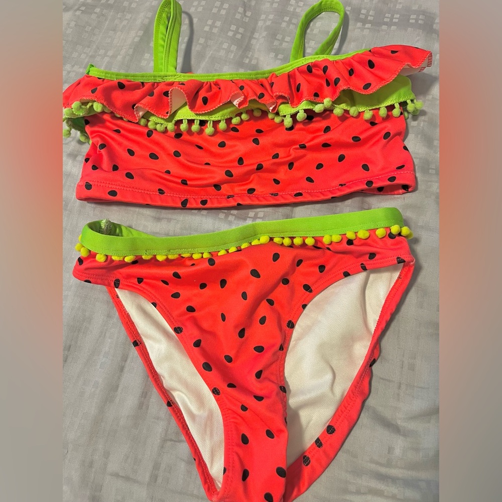 🍓Strawberry/Watermelon🍉Swimsuit 2-piece Girls Medium 7/8 Red w/ Lime Green Poms